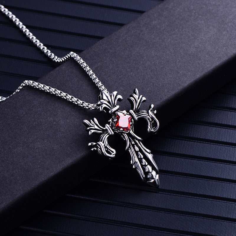 Wholesale Retro personality titanium steel inlaid ruby cross necklace